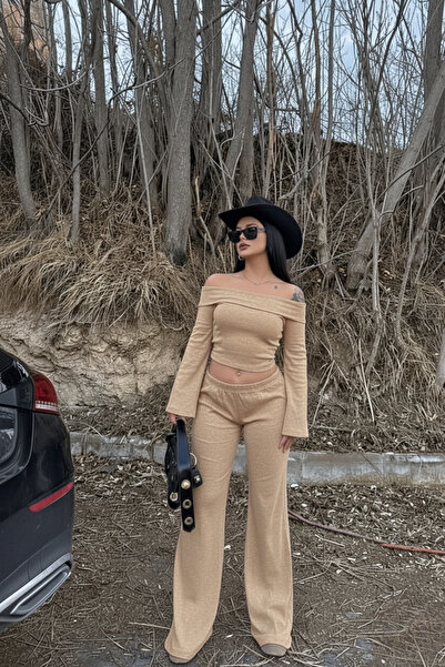 Siner Fashion Women's Beige Long Sleeve Madonna Collar Wide Leg Top and Bottom Set