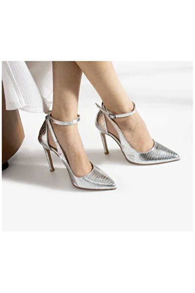 nuvilo Silver Snake Skin Patterned 10.5cm Belt Strap Pointed Toe Stiletto Thi...