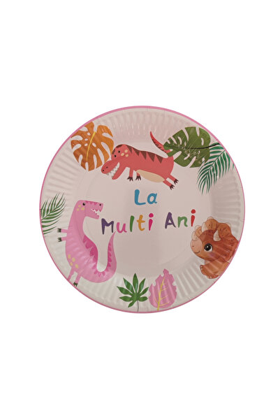 Mirific Party Set of 8 multicolor cake plates, 18 cm, dinosaur, 'Happy Birthday'