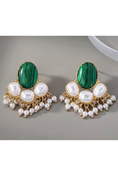 LİLİBETH BİJOU Elegant Earrings with Green Stone and Pearl Detail