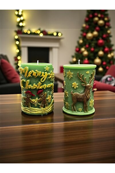magnocandles Yılbaşı Chrismas Yeni yıl 2’li yeşil Mum Geyik Kurabiye adam