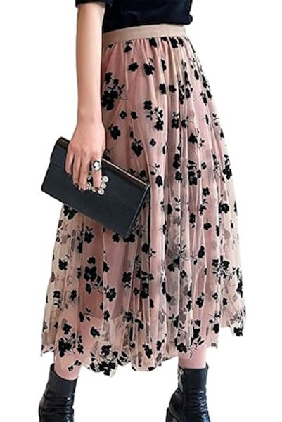 DELPI midi tulle skirt, 3-layer floral print, powder pink, one size