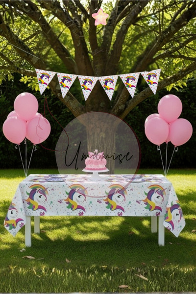 Umamiçe Unicorn Mini Parti Seti – Masa Örtüsü + Flama + 10 Metalik Pembe Balon