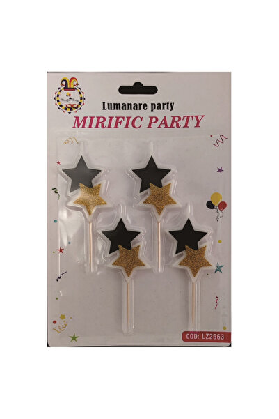 Mirific Party Set of 4 cake candles, black and gold with glitter, 10 cm, star