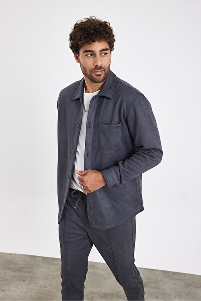 MADZEYMODA New Season Men's Single Pocket Scuba Gray Suede Shirt Mz19811