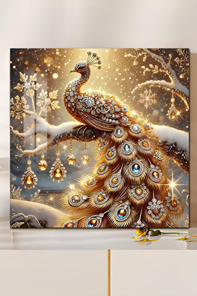 kutuTR 3d Görünümlü Temperli Cam Tablo – Altın Tavus Kuşu Desenli Duvar Süsü Uv Baskı 33x33 Cm-CTK085