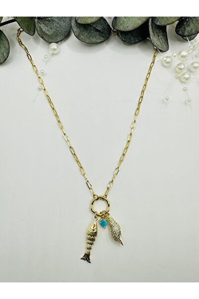 stainless steell 316L Çelik Gold Zirkon Taşlı Balıklı Şans Kolyesi