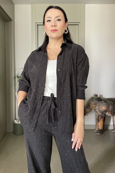 Butik Didem Sakinci Set pantaloni cămașă cu sclipici din catifea brodată cu paiete