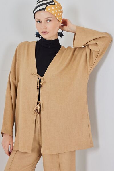 Hiccup Σετ παντελόνι με φαρδύ πόδι με λεπτομέρεια με ραβδώσεις και ζακέτα με λεπτομέρεια από λινό μείγμα BDART