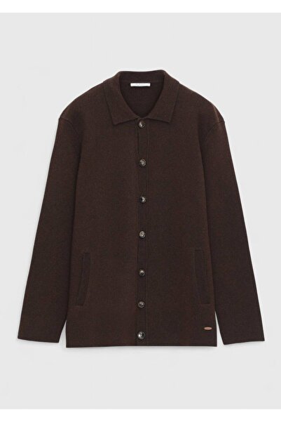 Ramsey Brown Polo Neck Plain Knit Wool Blend Cardigan