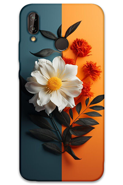 MRCİLETİSİM غطاء خلفي لهاتف هواوي P20 لايت بنمط HD مطبوع - زهرة بيضاء برتقالية