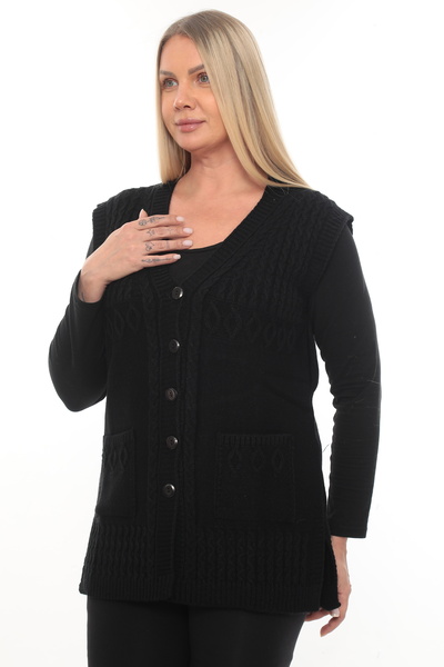 İKSUN Women's Buttoned Pocketed V-Neck Knitted Wool Mother Knitwear Winter Vest