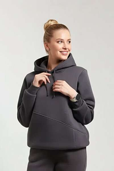 OXVİN Women's Cut Pocket 3-Thread Puff Soft (Fleece Lined) Hooded Sweatshirt - Oversize Original Cut