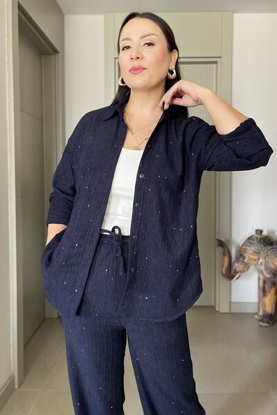 Butik Didem Sakinci Pul İşlemeli Kadife Parıltılı Gömlek Pantolon Takım