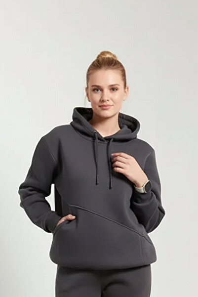 OXVİN Women's Cut Pocket 3-Thread Puff Soft (Fleece Lined) Hooded Sweatshirt - Oversize Original Cut