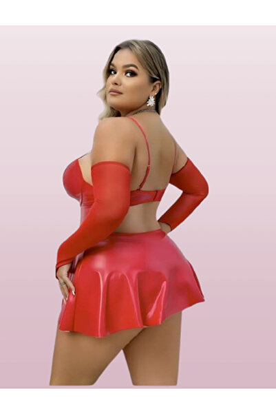 Cooqpoo Red 2Xl-3Xl-4Xl Size Thin Strap Low-Cut Waist Leather Oversize Dress