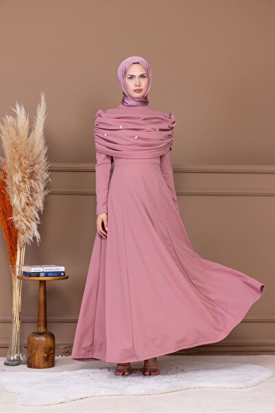 sedadenizstore فستان سهرة من تيستور - ياقة شال مزينة باللؤلؤ