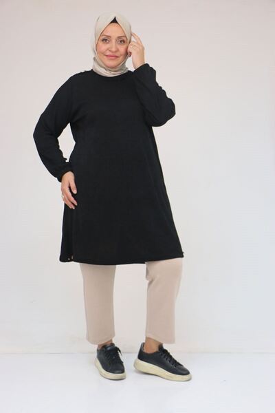 Eslina 58155 Plus Size Mir Tunic with Elasticated Sleeves and Rivets - Black