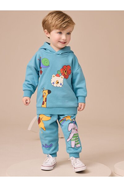 Next Baby Cotton Blue Printed Hooded Sweatshirt Long Sleeve Bottom Top Set
