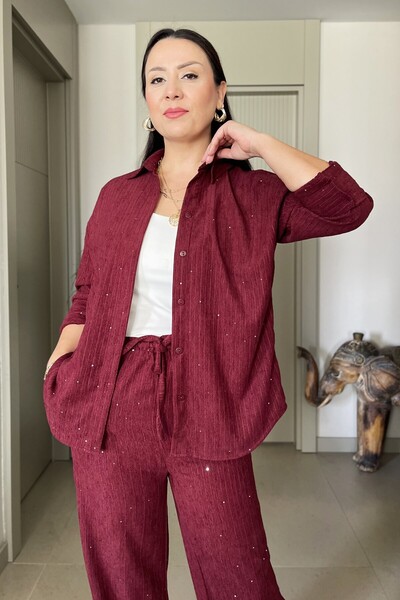 Butik Didem Sakinci Pul İşlemeli Kadife Parıltılı Gömlek Pantolon Takım