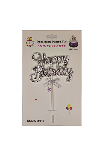 Mirific Party Silver cake topper, 195×120 mm, happy birthday