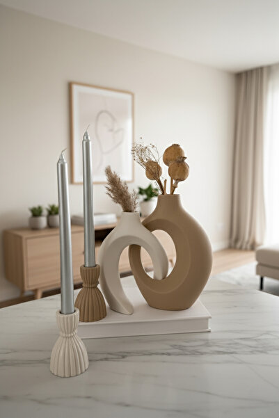 aden home 2'li Modern Seramik Vazo ve Şamdan Seti | Dekoratif Bohem Ev Aksesuarı