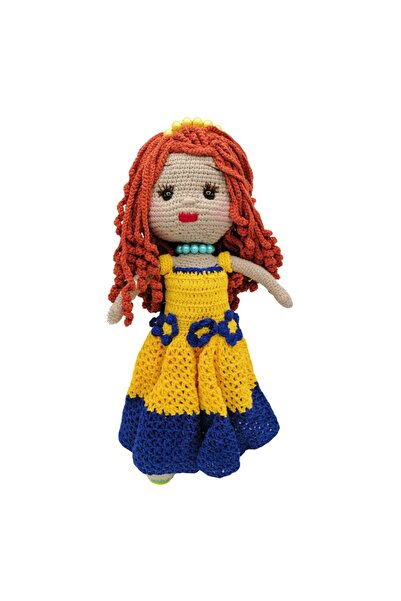 BUNILU Papusa printesa cu parul maro lung, cu rochie galbena - albastru