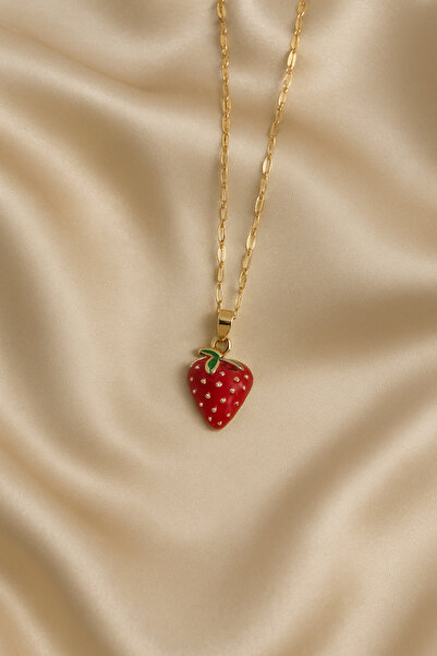 Lanuna Mineli Çilek Figürlü Altın Ton Zincir Çelik Kolye