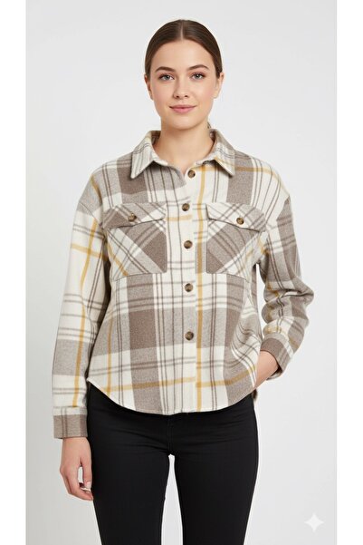 VKM Krem Ekose Oversize Kadın Oduncu Gömlek