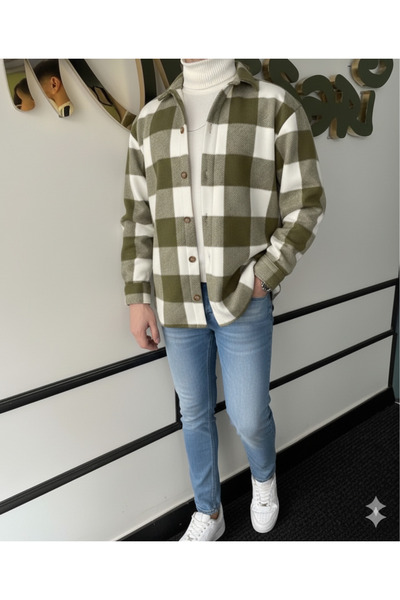 A&O Style Men's Oversized Checkered Checkerboard Pattern Winter Long Sleeve Fleece Shirt