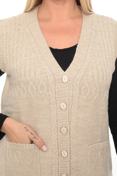 İKSUN Women's Buttoned Pocketed V-Neck Knitted Wool Mother Knitwear Winter Vest