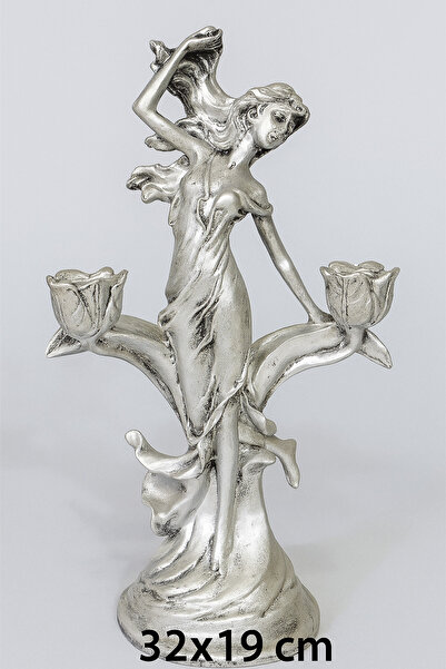 Eymen Hobi Gümüş Kadın Figürlü Dekoratif Şamdan 32x19 cm Zarif Salon ve Masa Üstü Aksesuarı