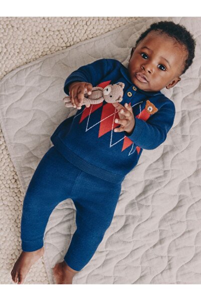 Next Baby Cotton Blue/Red Argyle Baby Knit Premium Bottom Top Set