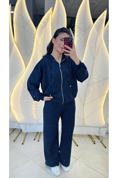 PREMİUM KALİTE FUL TAŞLI KAPÜŞONLU LACİVERT TAKIM