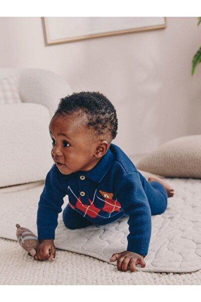 Next Baby Cotton Blue/Red Argyle Baby Knit Premium Bottom Top Set