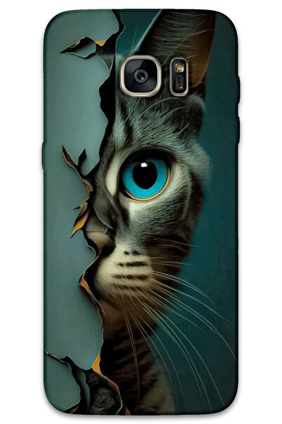 MRCİLETİSİM غطاء خلفي لهاتف سامسونج جالاكسي S7 إيدج بنمط HD مطبوع - القط الأزرق