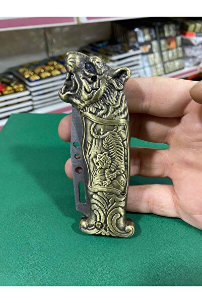 tutuştur Kaplan Desenli Metal Bıçaklı Çakmak - Antik Sarı