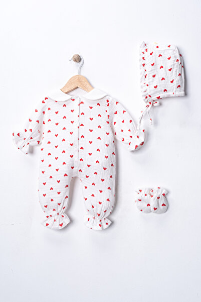 FURYATEX 100% Cotton Organic Double Layer Muslin Heart Patterned Round Neck 3-Piece Baby Romper Set