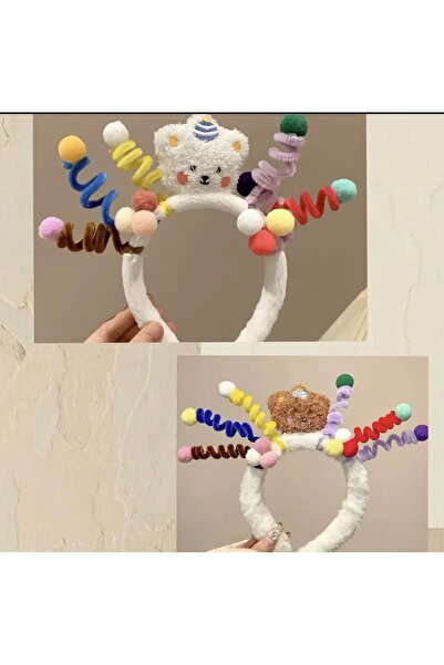 Madam Nora Colorful Party Themed Plush Teddy Bear Crown – Cute Hair Accessory with Spiral and Pom-Pom Detail – Fun Crown