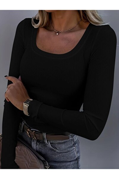 babatr.com Women's Long Sleeve Deep Round Neck Ribbed Knit Blouse