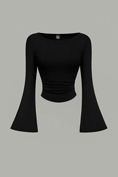 Marin Star Black Boat Neck Long Sleeve Spanish Sleeve Blouse, Side Ruched Spanish Sleeve Black Crop Top