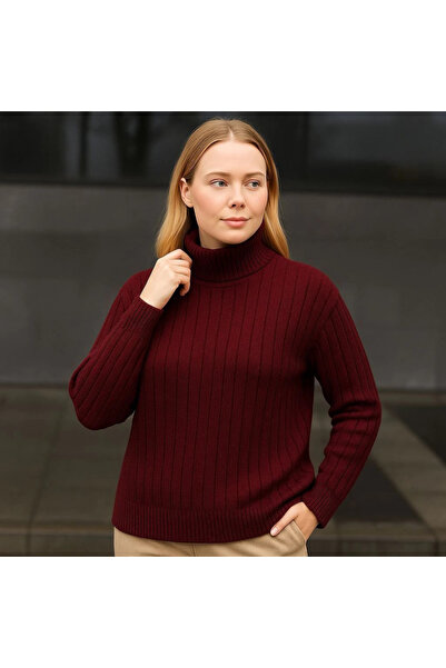 EyesOf Fisherman Collar Knitted Sweater Cotton Thick Corded Fabric Weaving - Claret Red