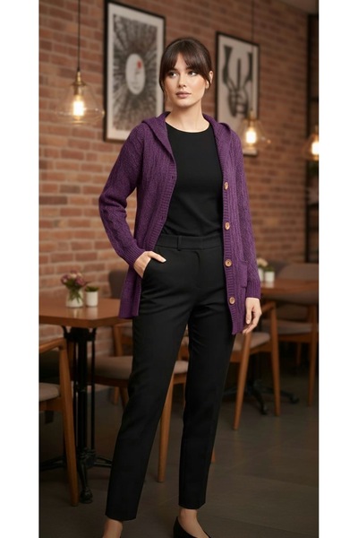 rushana Kadın kapüşonlu cepli saç örgülü triko hırka