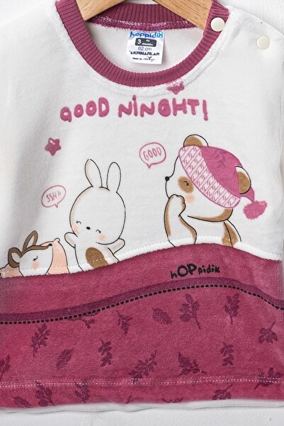 Hoppidik Baby Good Night Yaprak Printed 3-6-9 Months Unisex Baby Velvet 2-Piece Set