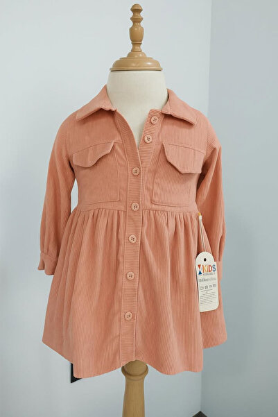 Universal Kız Çocuk Düğme Detaylı Gül Kurusu Renkli Kadife Elbise