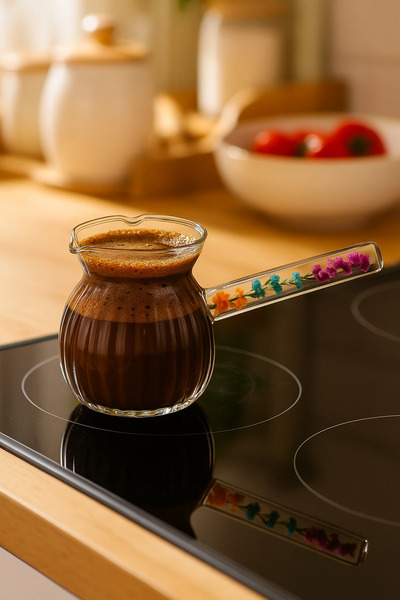 Entude Çiçekli Sap Cam Cezve 400 ML - Çeyizlik Şeritli Model, Isıya Dayanıklı Hediyelik Cezve