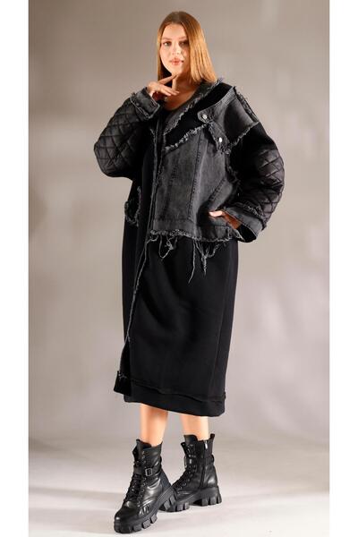 shE tekstil Design Jeans Paneled Quilted Wide Fit Jacket Black