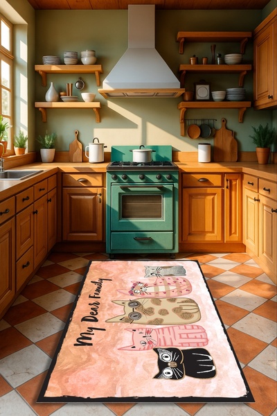 Kessy Home Studio Mossy Kedi Temalı Kaymaz Taban Yıkanabilir Mutfak Halısı Mo...