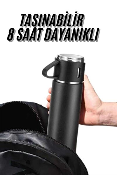 karacadağ Termos Seti 3'lü Bardak Seti Isı Dayanıklı Siyah Paslanmaz Çelik Va...