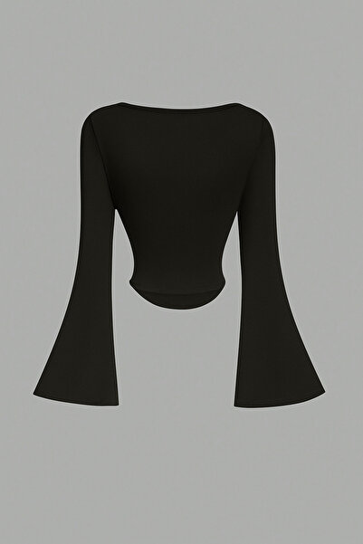 Marin Star Black Boat Neck Long Sleeve Spanish Sleeve Blouse, Side Ruched Spanish Sleeve Black Crop Top